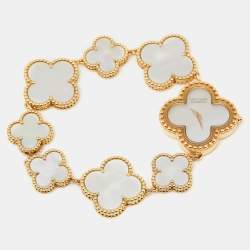 Van Cleef & Arpels Mother Of Pearl 18K Yellow Gold Vintage Alhambra 136674 Women's Bracelet Watch 26 mm