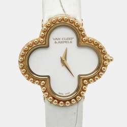 Van Cleef & Arpels White Mother Of Pearl 18K Yellow Gold Alligator Leather Alhambra Small Model VCARD22000 Women's Wristwatch 25.50 mm