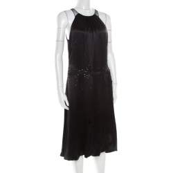 Pre Owned Vera Wang Black Embellished Satin Bod Detail Sleeveless Dress M