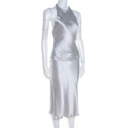 Vera Wang Grey Satin Sequin Embellished Halter Tie Up Flared Dress S