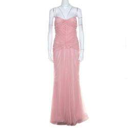 Vera Wang Blush Pink Ruched Tulle Sleeveless Evening Gown M