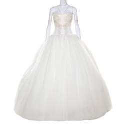Vera Wang Cream Bead Embellished Silk Layered Tulle Gown L