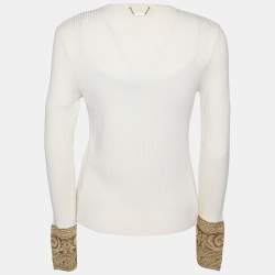 Pre Owned Versace Classic V2 Beige Wool Rib Knit Cardigan & Gold Lurex Knit Cami Top Set M