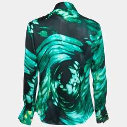 Versace Classic V2 Green Printed Satin Silk Button Front Shirt M 