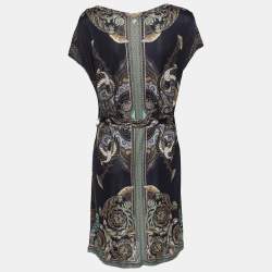 Versace Collection Blue Printed Jersey Belted Mini Dress M