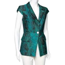 Pre Owned Versace Collection Green Snakeskin Pattern Jacquard Cap Sleeve Blazer S