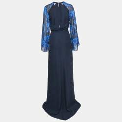 Versace Collection Blue Silk Chiffon Draped Floral Sleeve Gown L