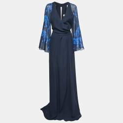 Versace Collection Blue Silk Chiffon Draped Floral Sleeve Gown L