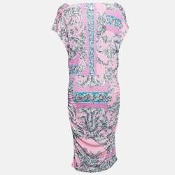 Versace Collection Pink Printed Jersey Ruched Midi Dress M