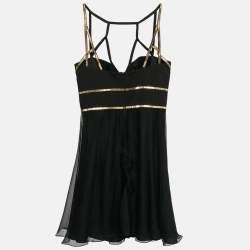 Pre Owned Versace Collection Black Crepe Embellished Strap Detail Mini Dress M