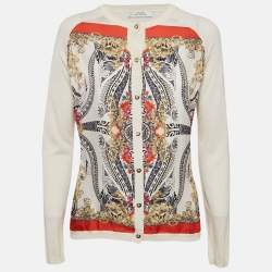 Versace Collection Cream Printed Silk and Knit Buttoned Cardigan M