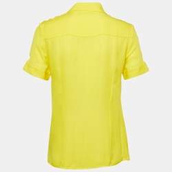 Pre Owned Versace Collection Yellow Embellished Collar Silk Short Sleeve Shirt M