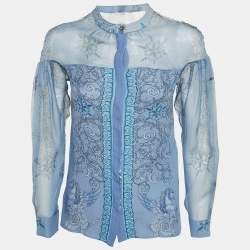 Versace Collection Blue Printed Silk Sheer Shirt S