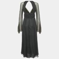 Pre Owned Versace Collection Black Silk Drape Detail V-Neck Maxi Dress M