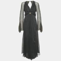 Pre Owned Versace Collection Black Silk Drape Detail V-Neck Maxi Dress M