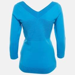 Pre Owned Versace Collection Blue Textured Stretch Knit V-Neck Pullover L