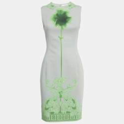 Pre Owned Versace Collection Grey /Green Printed Cotton & Crepe Sheath Dress M
