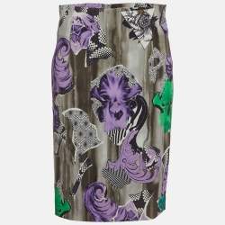 مملوكة مسبقًا تنورة مستقيمة فيرساتشي كولكشن قماش كريم مطاطي بطبعة مجردة متعددة الألوان مقاس متوسط (ميديوم)