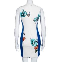 Versace Collection White & Blue Paneled Printed Crepe Sleeveless Short Dress S