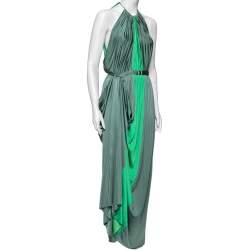 Pre Owned Versace Collection Green Paneled Knit Halter Neck Belted Maxi Dress M
