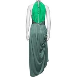 Pre Owned Versace Collection Green Paneled Knit Halter Neck Belted Maxi Dress M