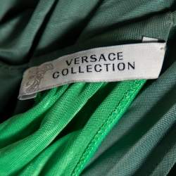 Pre Owned Versace Collection Green Paneled Knit Halter Neck Belted Maxi Dress M