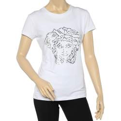 Pre Owned Versace White Crystal Medussa Head Embellished knit T-Shirt L