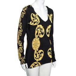 Versace Collection Black and Gold Cage Baroque Print Knit Long Sleeve V Neck Top L