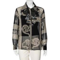 Pre Owned Versace Collection Black Printed Silk Ruffle Detailed Front Long Sleeve Blouse M
