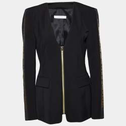 Versace Collection Black Crepe Logo Detail Zip Front Deep Neck Jacket M
