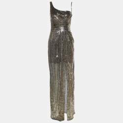 Versace Collection Gold Mesh Sequinned Slit Detail Gown L