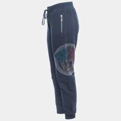 Pre Owned Versace Collection Navy Blue Logo Embellished Cotton Joggers XL 