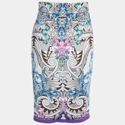 Pre Owned Versace Collection Blue Printed Knit Midi Fitted Skirt S