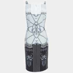 Pre Owned Versace Collection White/Black Chain and Barocco Print Crepe Sleeveless Short Dress M