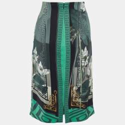 Pre Owned Versace Collection Dark Green Print Crepe Knee Length Skirt L