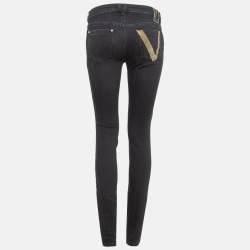 Pre Owned Versace Collection Black V Studded Denim Slim Jeans S Waist 26"