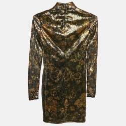 Pre Owned Versace Jeans Couture Metallic Flora Baroque Sequin Paillettes Mini Bodycon Dress S