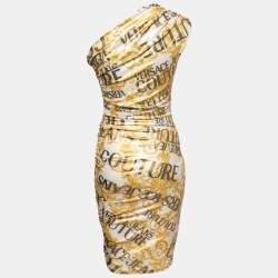 Pre Owned Versace Jeans Couture Metallic Baroque Print Stretch Synthetic One Shoulder Dress M