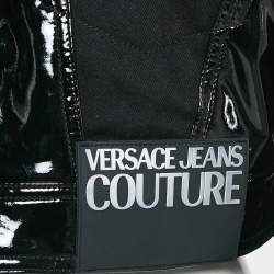 Pre Owned Versace Jeans Couture Black Logo Applique Faux Leather and Denim Crop Jacket XS