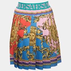Pre Owned Versace Blue/Pink Garland Sun Print Satin Pleated Mini Skirt S