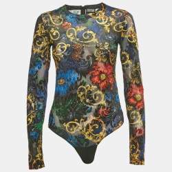 Pre Owned Versace Jeans Couture Black Baroque Mesh & Velvet Sheer Bodysuit S 