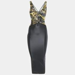 Pre Owned Versace Jeans Couture Black Printed Jersey Cut- Out Midi Dress XS