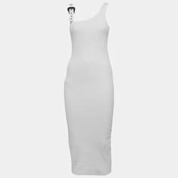 Pre Owned Versace Jeans Couture White Rib Knit Buckle Strap Midi Dress S
