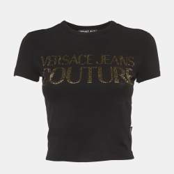 Pre Owned Versace Jeans Couture Black Logo Embellished Cotton Crop Top S