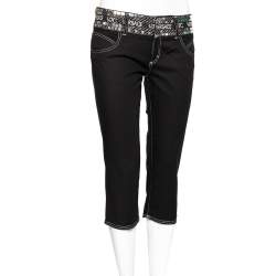 Pre Owned Versace Jeans Couture Black Denim Logo Embellished Cropped Pants M