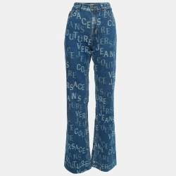 Pre Owned Versace Jeans Couture Blue Logo Jacquard Denim Wide Leg Jeans L 