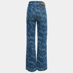 Pre Owned Versace Jeans Couture Blue Logo Jacquard Denim Wide Leg Jeans L 