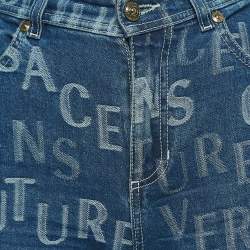 Pre Owned Versace Jeans Couture Blue Logo Jacquard Denim Wide Leg Jeans L 