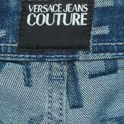 Pre Owned Versace Jeans Couture Blue Logo Jacquard Denim Wide Leg Jeans L 