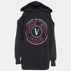 Pre Owned Versace Jeans Couture Black Logo Print Cotton Cold Shoulder Hooded Sweatshirt S